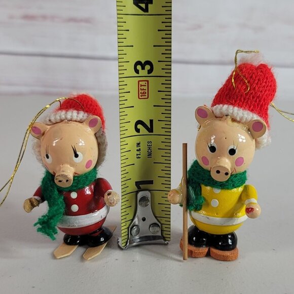Vintage Wooden Pig Christmas Ornaments Walking Skiiing Knit Hats Lot of 2 READ - Picture 8 of 10